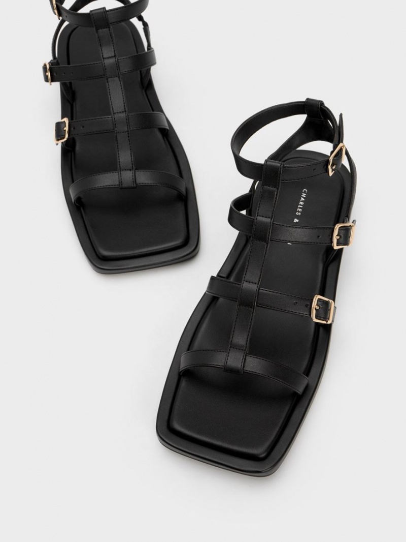 Charles And Keith Buckled Gladiator Flat Sandals Black | PHILIPPINES H508