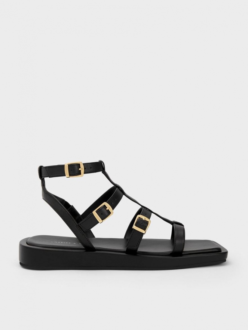 Charles And Keith Buckled Gladiator Flat Sandals Black | PHILIPPINES H508