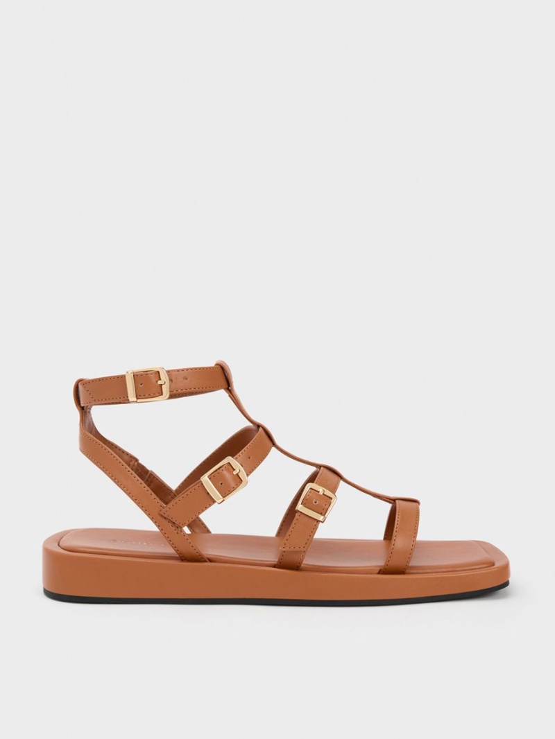 Charles And Keith Buckled Gladiator Flat Sandals Brown | PHILIPPINES U102