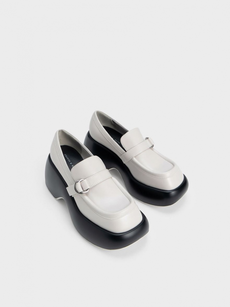 Charles And Keith Buckled Platform Penny Loafers White | PHILIPPINES K407