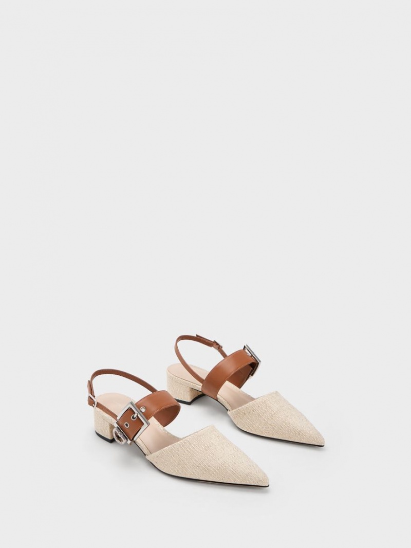 Charles And Keith Buckled Strap Linen Slingback Pumps Beige | PHILIPPINES Y786