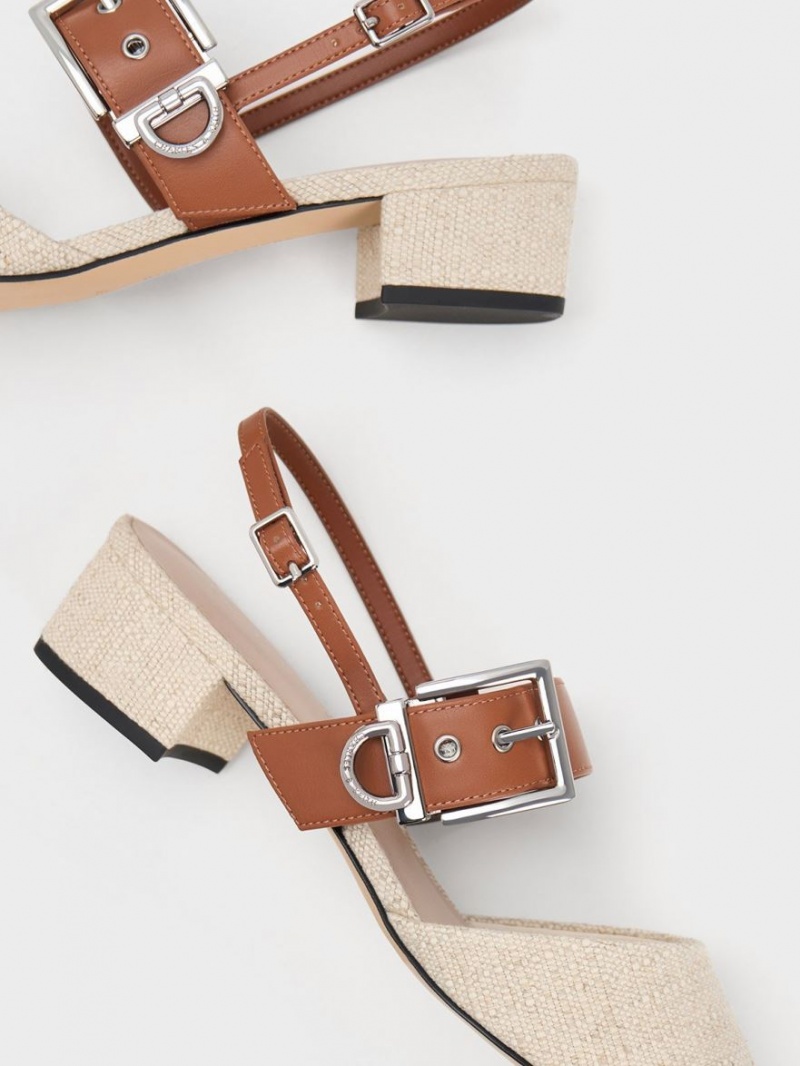 Charles And Keith Buckled Strap Linen Slingback Pumps Beige | PHILIPPINES Y786