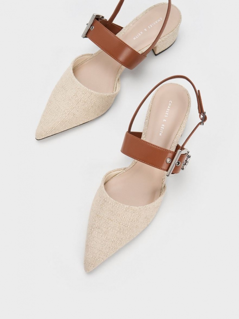 Charles And Keith Buckled Strap Linen Slingback Pumps Beige | PHILIPPINES Y786