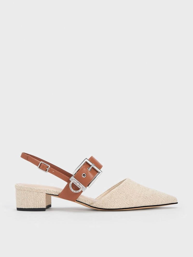 Charles And Keith Buckled Strap Linen Slingback Pumps Beige | PHILIPPINES Y786