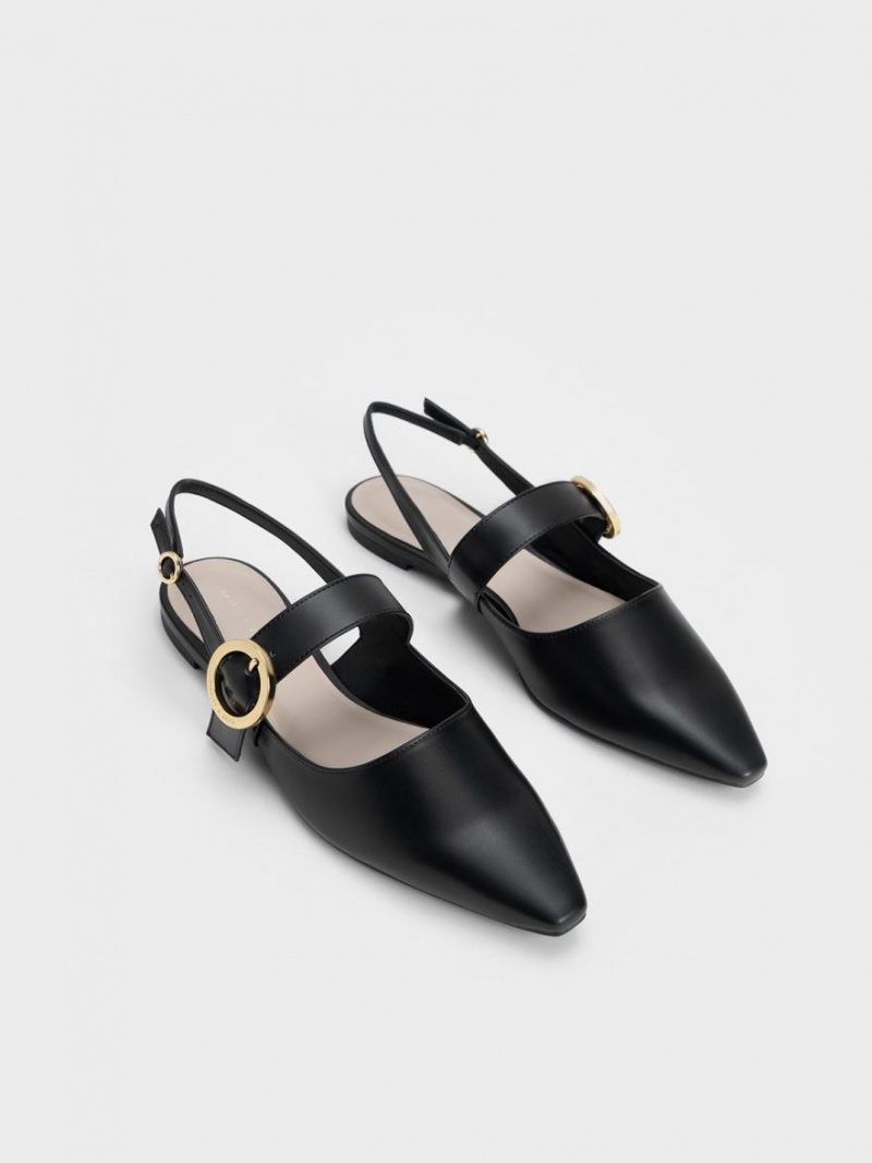 Charles And Keith Buckled Strap Slingback Flat Shoes Black | PHILIPPINES I256