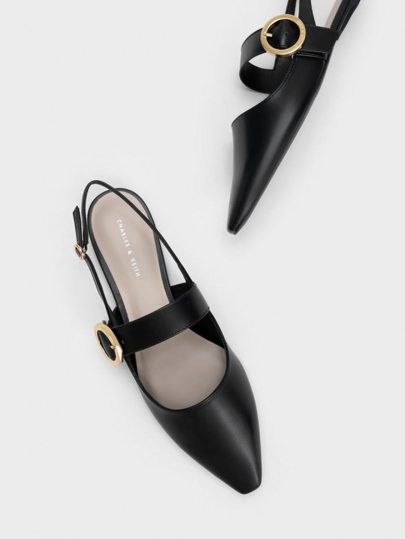 Charles And Keith Buckled Strap Slingback Flat Shoes Black | PHILIPPINES I256