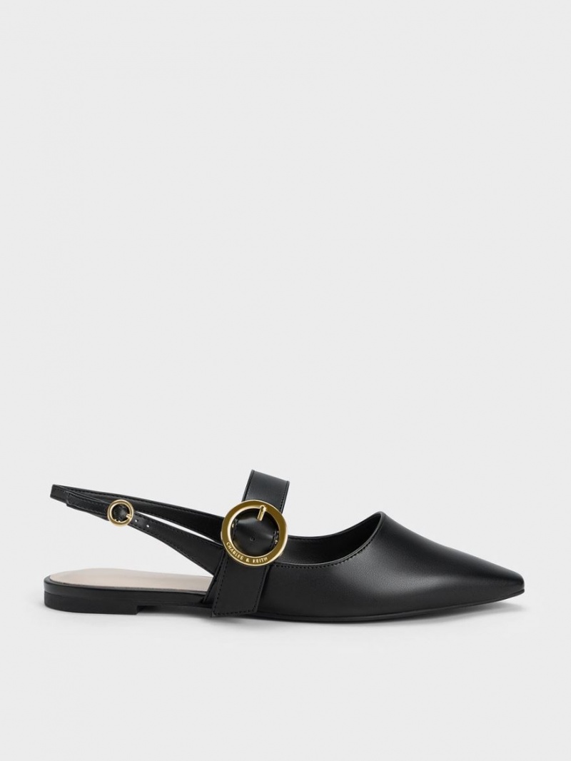 Charles And Keith Buckled Strap Slingback Flat Shoes Black | PHILIPPINES I256