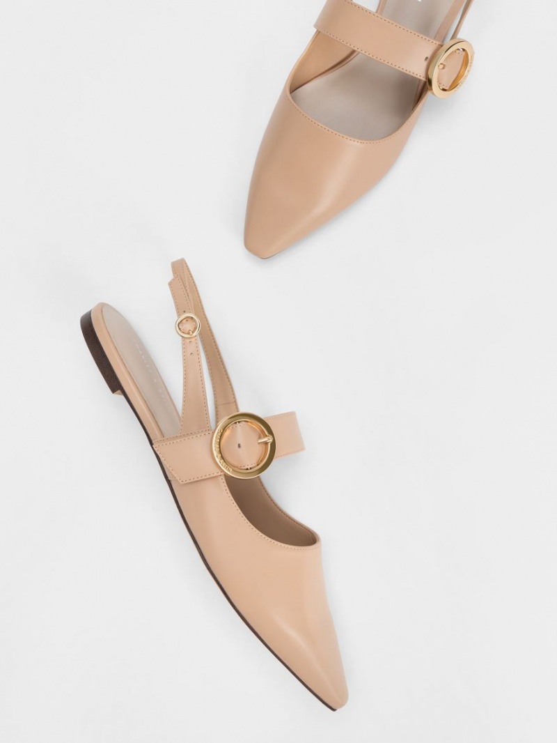 Charles And Keith Buckled Strap Slingback Flat Shoes Beige | PHILIPPINES M025