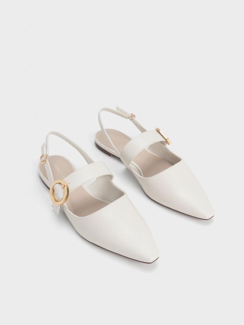 Charles And Keith Buckled Strap Slingback Flat Shoes White | PHILIPPINES K264