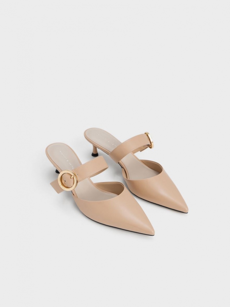 Charles And Keith Buckled Strap Spool Heel Mules Beige | PHILIPPINES W058