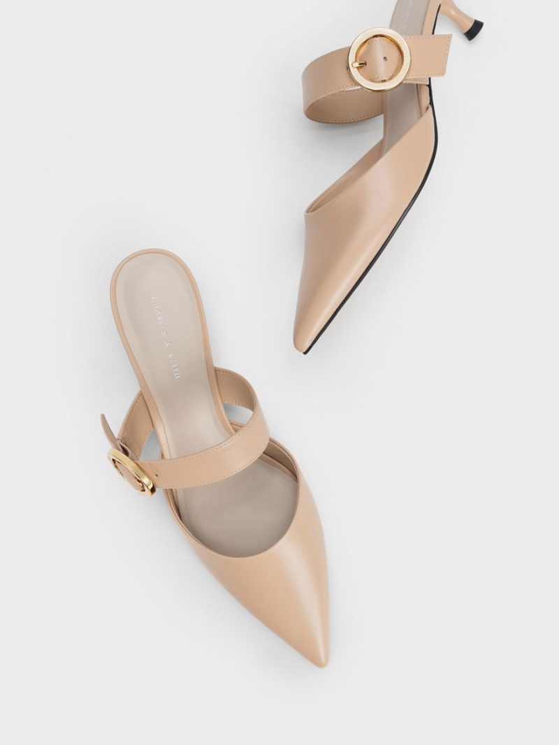 Charles And Keith Buckled Strap Spool Heel Mules Beige | PHILIPPINES W058