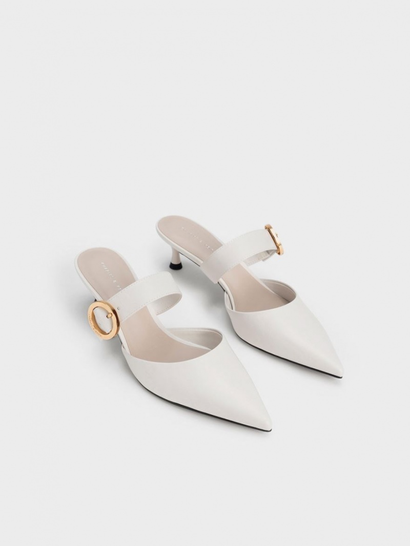 Charles And Keith Buckled Strap Spool Heel Mules White | PHILIPPINES V567