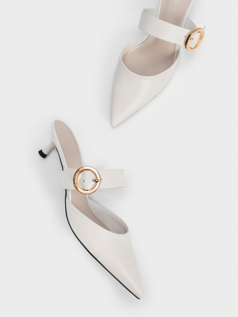 Charles And Keith Buckled Strap Spool Heel Mules White | PHILIPPINES V567