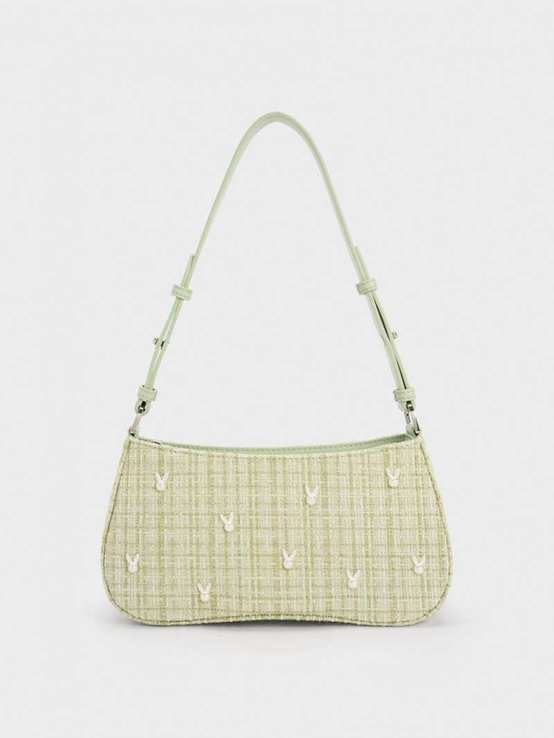 Charles And Keith Bunny Tweed Shoulder Bags Green | PHILIPPINES Q640