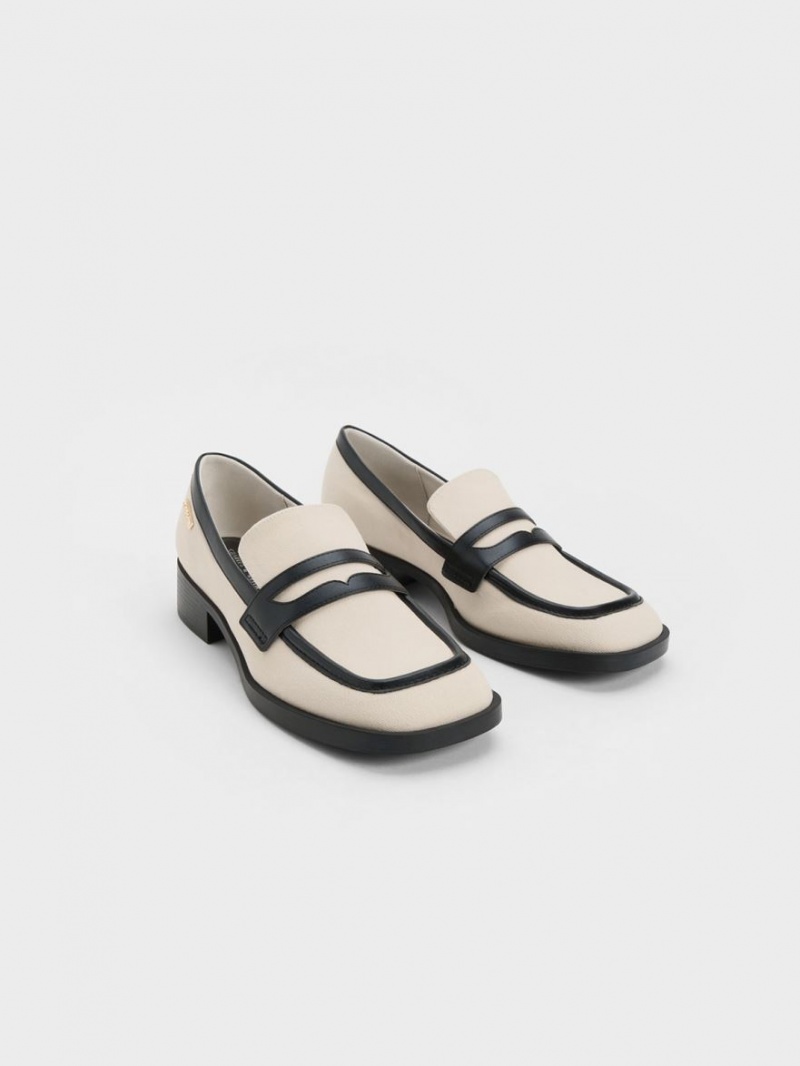 Charles And Keith Canvas Cut-Out Penny Loafers Cream | PHILIPPINES X471