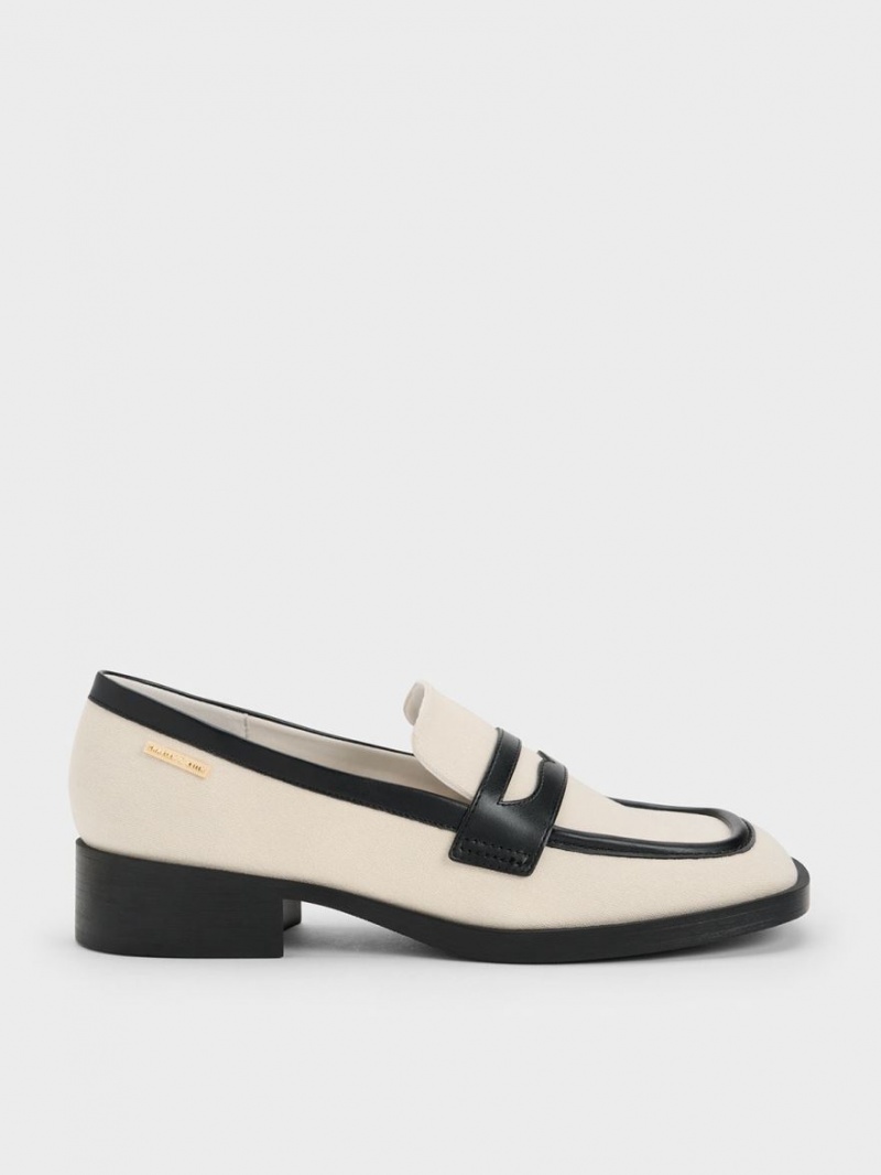 Charles And Keith Canvas Cut-Out Penny Loafers Cream | PHILIPPINES X471