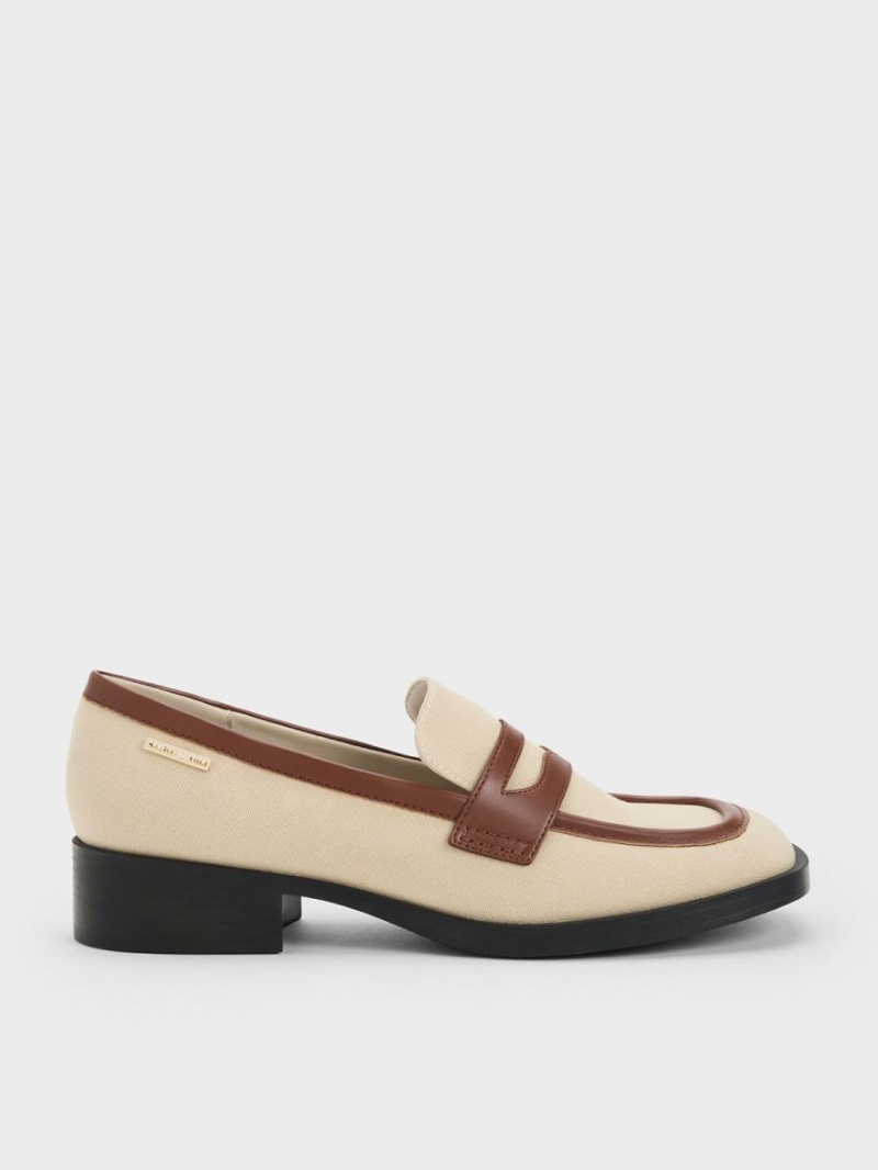 Charles And Keith Canvas Cut-Out Penny Loafers Beige | PHILIPPINES Q954