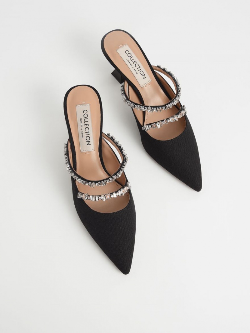 Charles And Keith Canvas Double Gem Strap Mules Black | PHILIPPINES U971