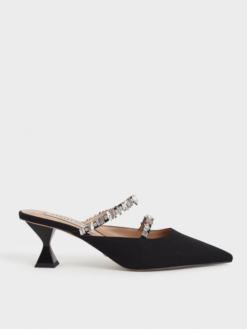 Charles And Keith Canvas Double Gem Strap Mules Black | PHILIPPINES U971