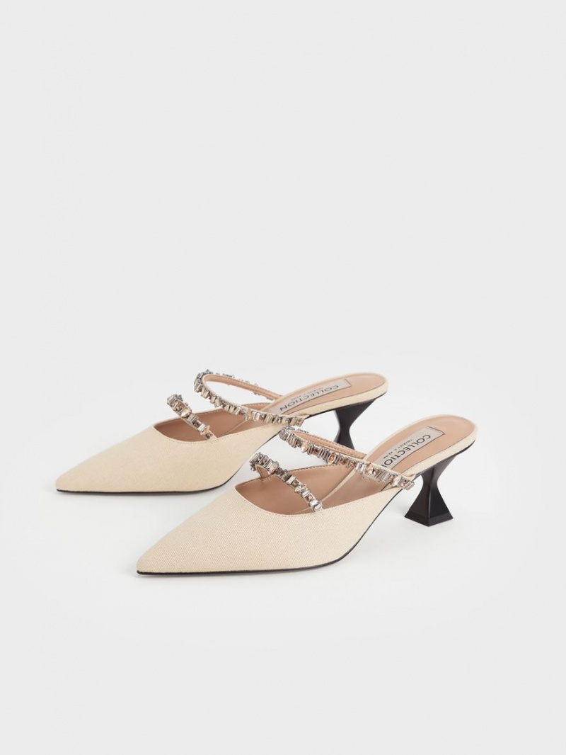 Charles And Keith Canvas Double Gem Strap Mules Beige | PHILIPPINES G435