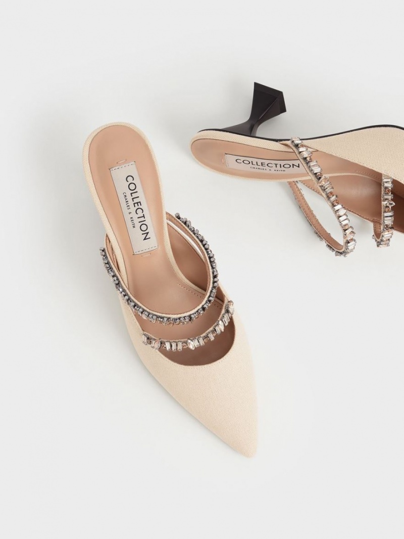 Charles And Keith Canvas Double Gem Strap Mules Beige | PHILIPPINES G435