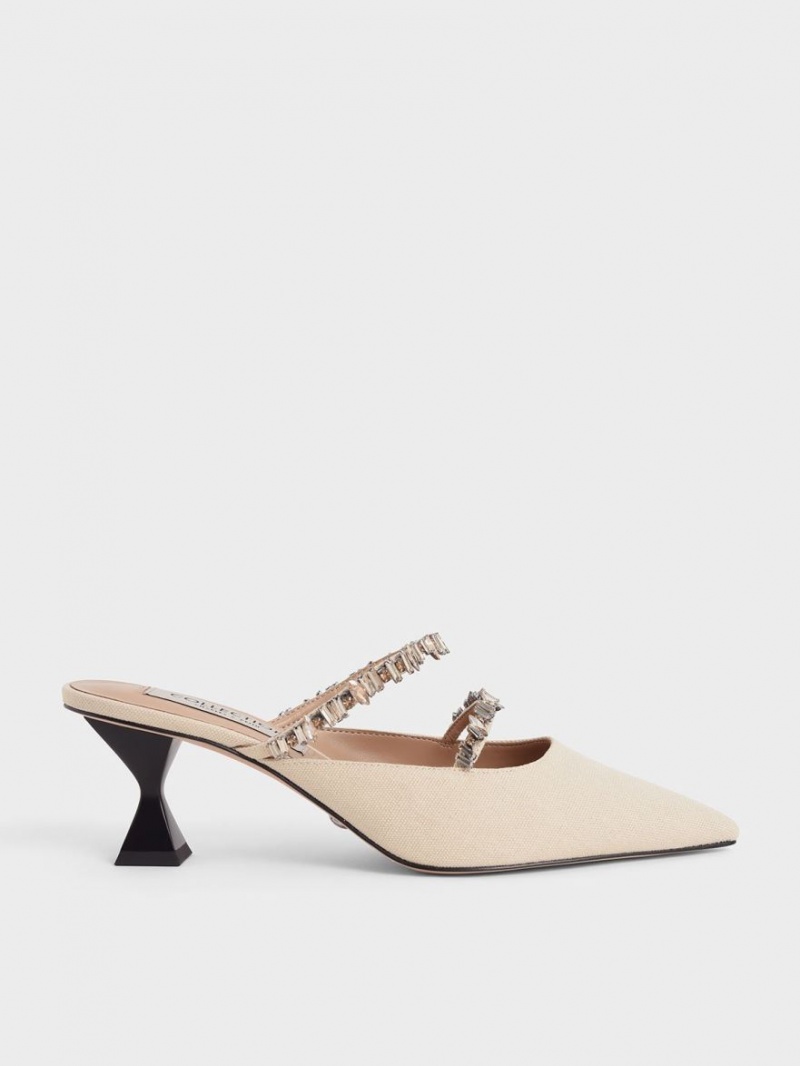 Charles And Keith Canvas Double Gem Strap Mules Beige | PHILIPPINES G435