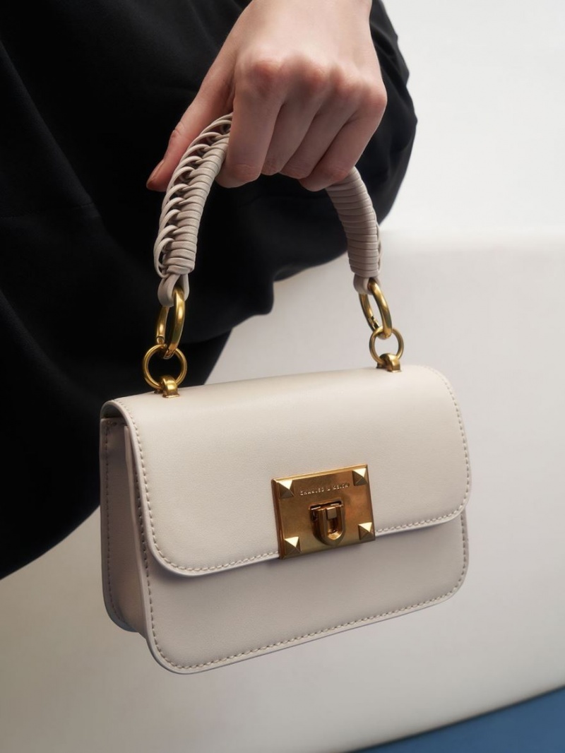 Charles And Keith Canvas Metallic Turn-Lock Shoulder Bags White | PHILIPPINES S759