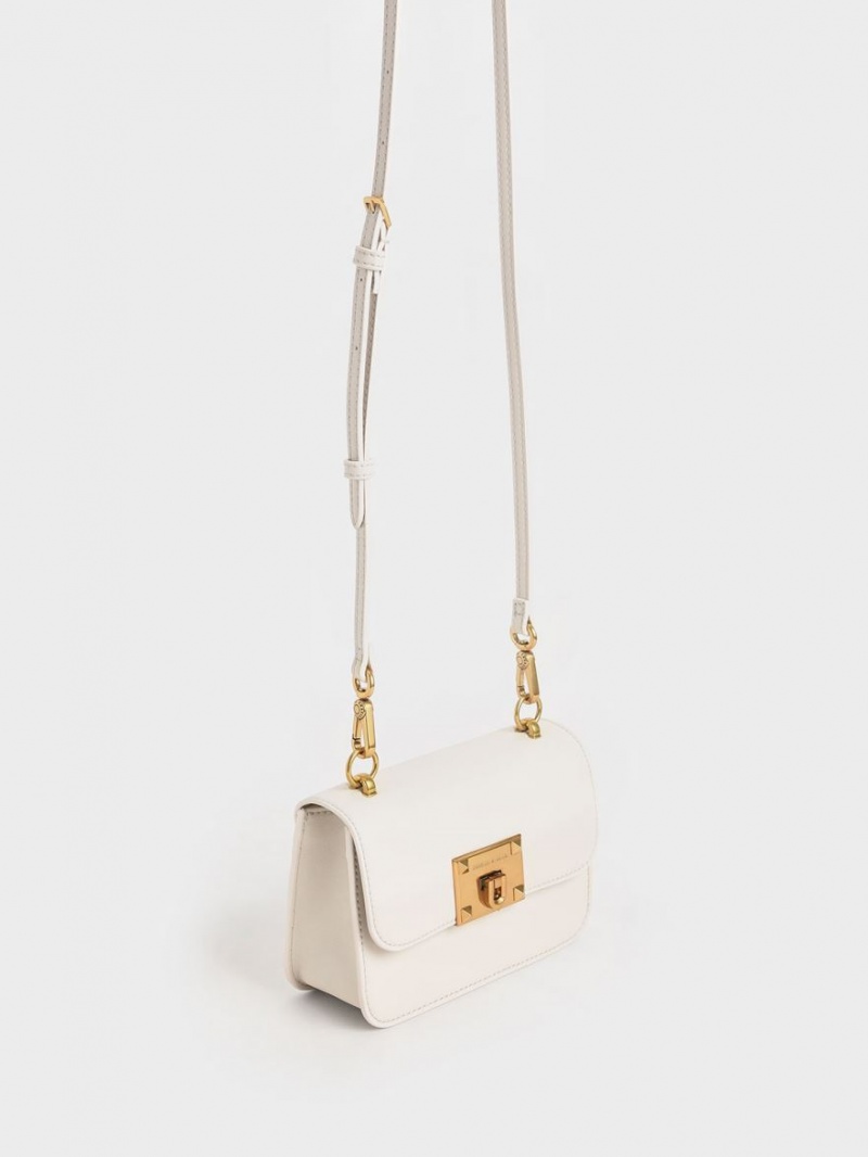 Charles And Keith Canvas Metallic Turn-Lock Shoulder Bags White | PHILIPPINES S759