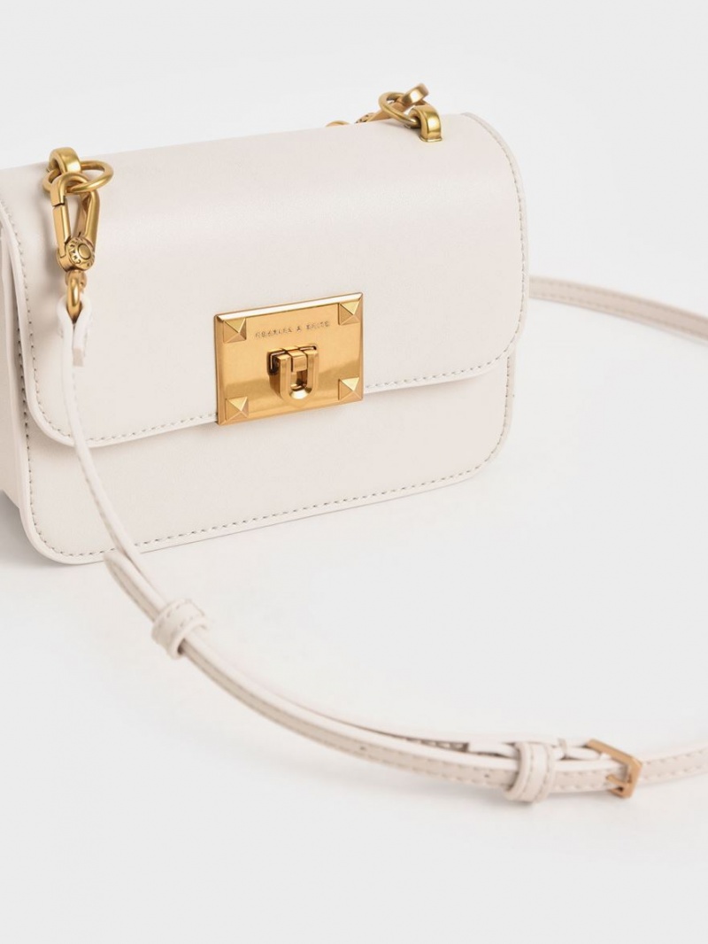 Charles And Keith Canvas Metallic Turn-Lock Shoulder Bags White | PHILIPPINES S759