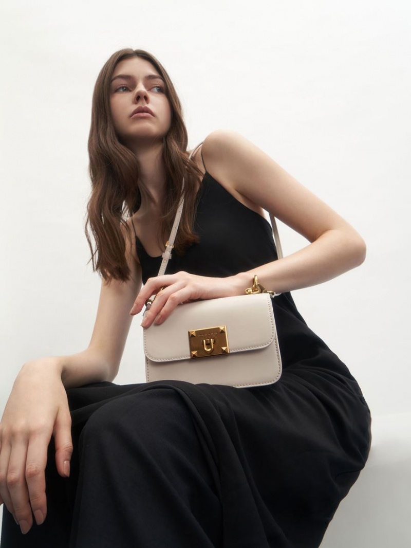 Charles And Keith Canvas Metallic Turn-Lock Shoulder Bags White | PHILIPPINES S759