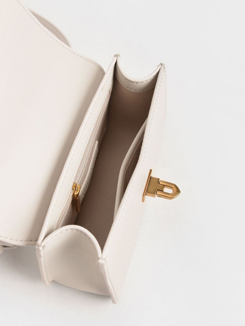 Charles And Keith Canvas Metallic Turn-Lock Shoulder Bags White | PHILIPPINES S759