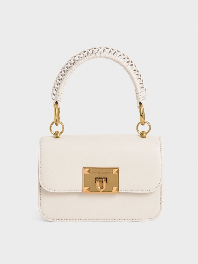 Charles And Keith Canvas Metallic Turn-Lock Shoulder Bags White | PHILIPPINES S759