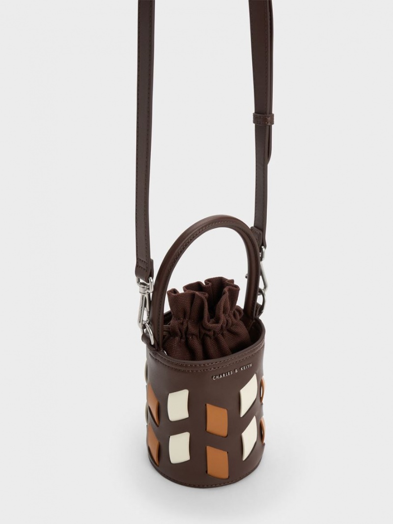 Charles And Keith Canvas Panelled Bucket Bags Dark Brown | PHILIPPINES M403