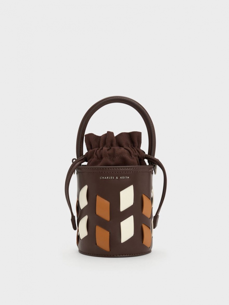 Charles And Keith Canvas Panelled Bucket Bags Dark Brown | PHILIPPINES M403