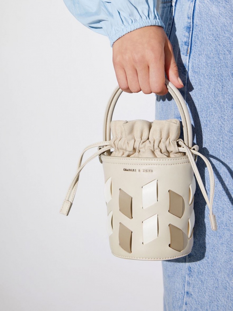 Charles And Keith Canvas Panelled Bucket Bags Beige | PHILIPPINES I235