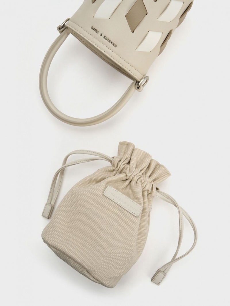 Charles And Keith Canvas Panelled Bucket Bags Beige | PHILIPPINES I235