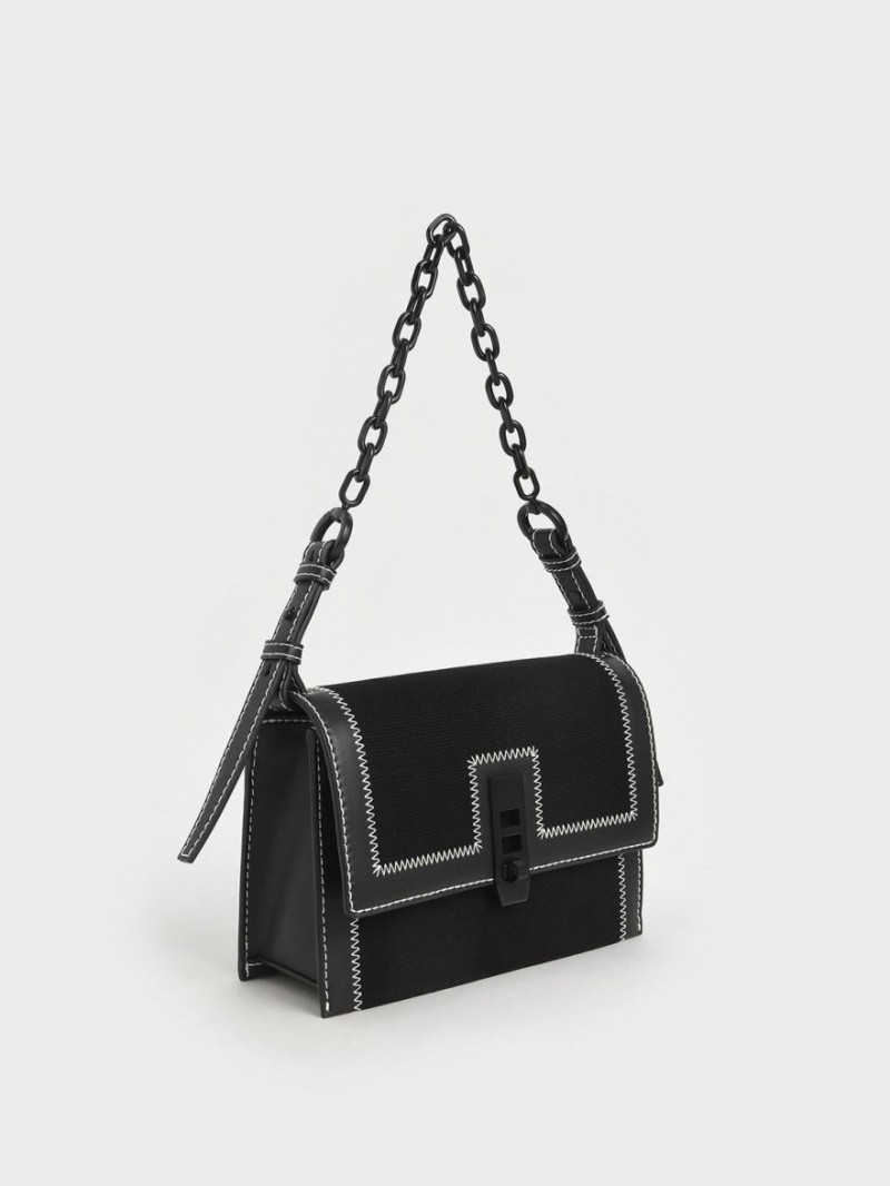 Charles And Keith Canvas Turn-Lock Chain Handbag Black | PHILIPPINES A804