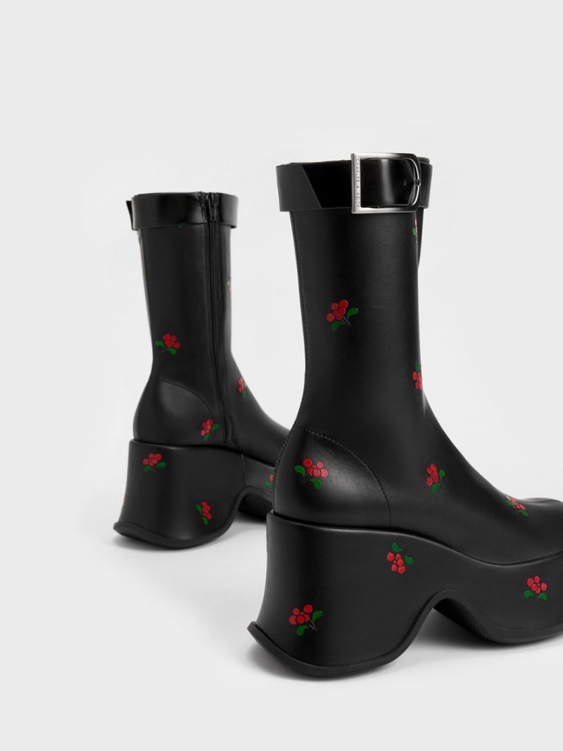 Charles And Keith Carlisle Floral Platform Boots Black | PHILIPPINES N716