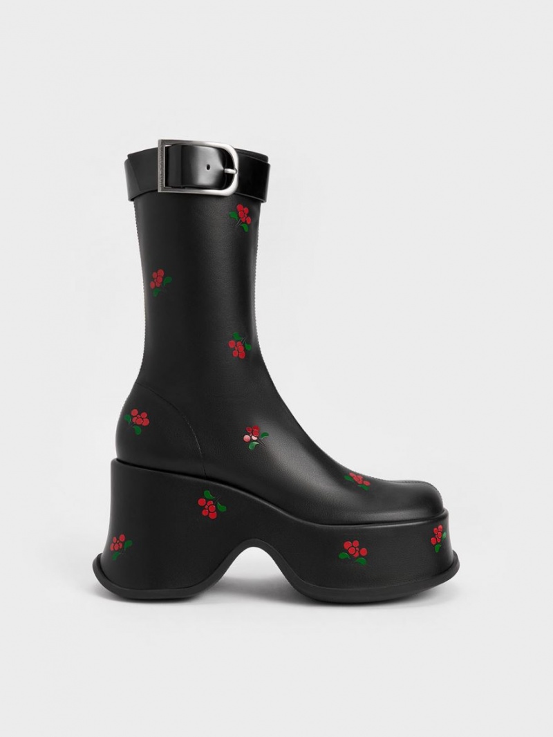 Charles And Keith Carlisle Floral Platform Boots Black | PHILIPPINES N716