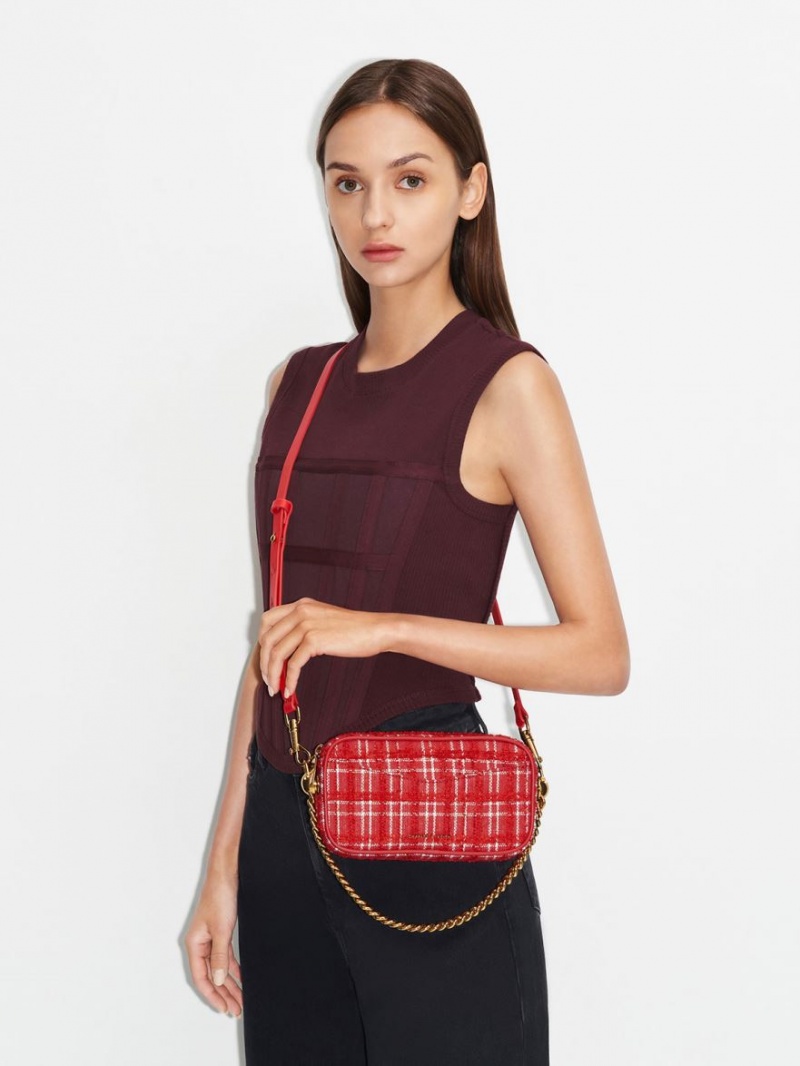 Charles And Keith Cayce Tweed Boxy Crossbody Bags Red | PHILIPPINES F416