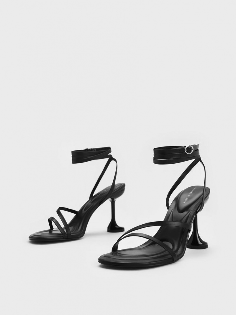 Charles And Keith Celestine Sculptural Heel Strap Sandals Black | PHILIPPINES K652