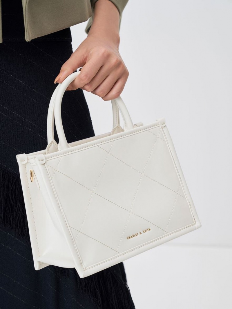 Charles And Keith Celia Quilted Double Handle Tote Bags White | PHILIPPINES F452