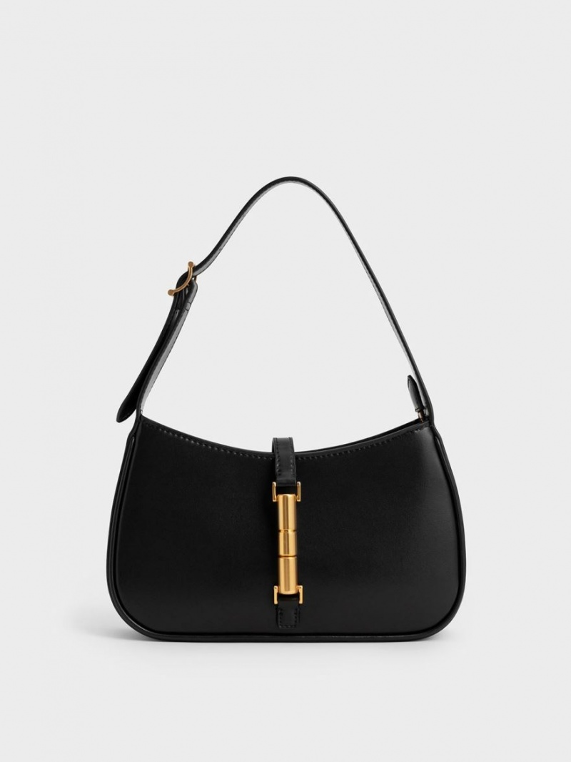 Charles And Keith Cesia Metallic Accent Shoulder Bags Black | PHILIPPINES Y435