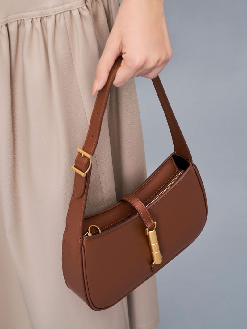 Charles And Keith Cesia Metallic Accent Shoulder Bags Brown | PHILIPPINES T359