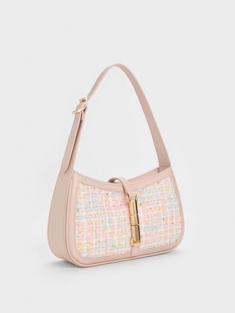 Charles And Keith Cesia Metallic Accent Tweed Shoulder Bags Pink | PHILIPPINES X719