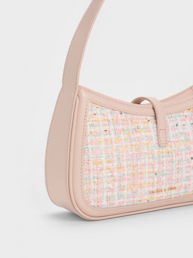 Charles And Keith Cesia Metallic Accent Tweed Shoulder Bags Pink | PHILIPPINES X719