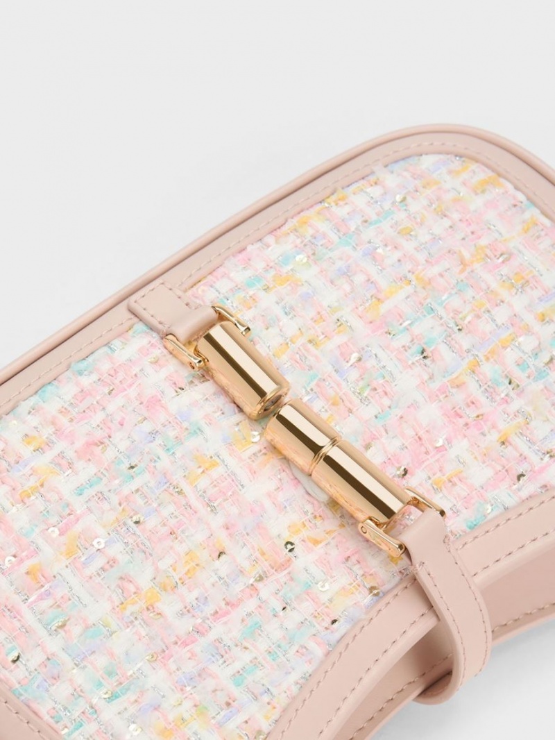 Charles And Keith Cesia Metallic Accent Tweed Shoulder Bags Pink | PHILIPPINES X719