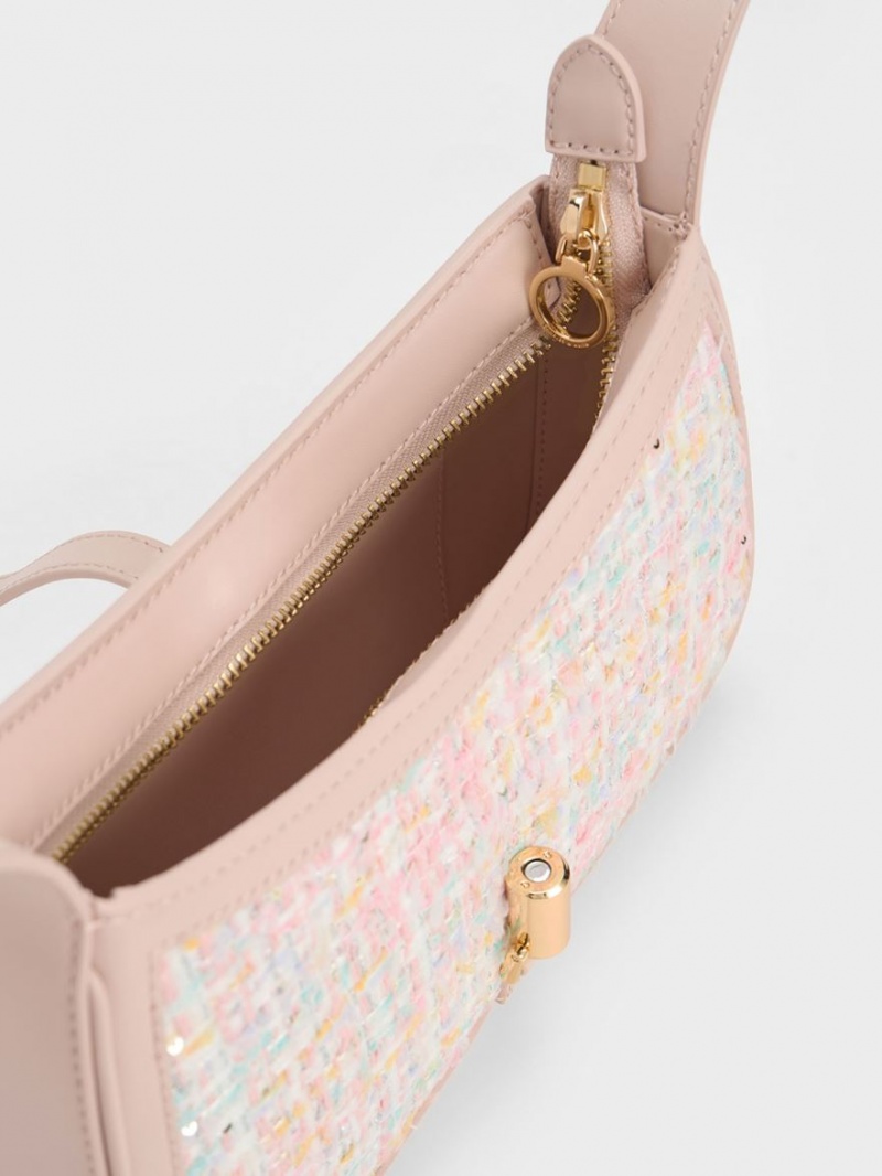 Charles And Keith Cesia Metallic Accent Tweed Shoulder Bags Pink | PHILIPPINES X719