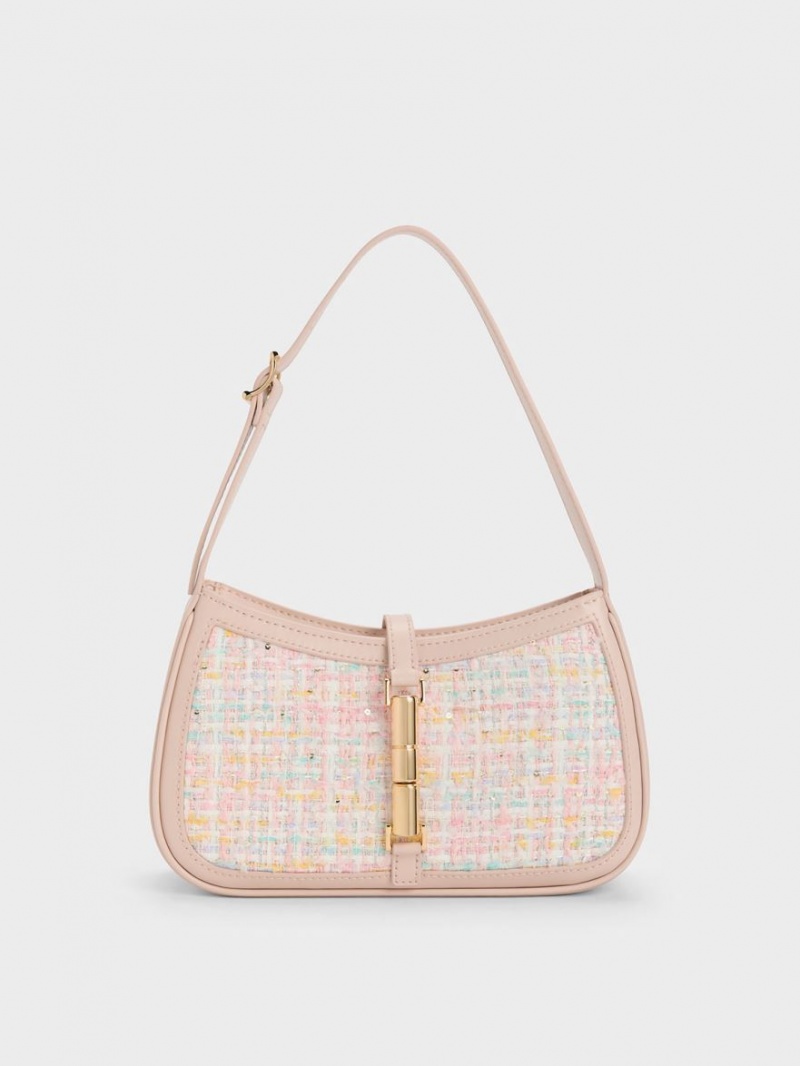 Charles And Keith Cesia Metallic Accent Tweed Shoulder Bags Pink | PHILIPPINES X719