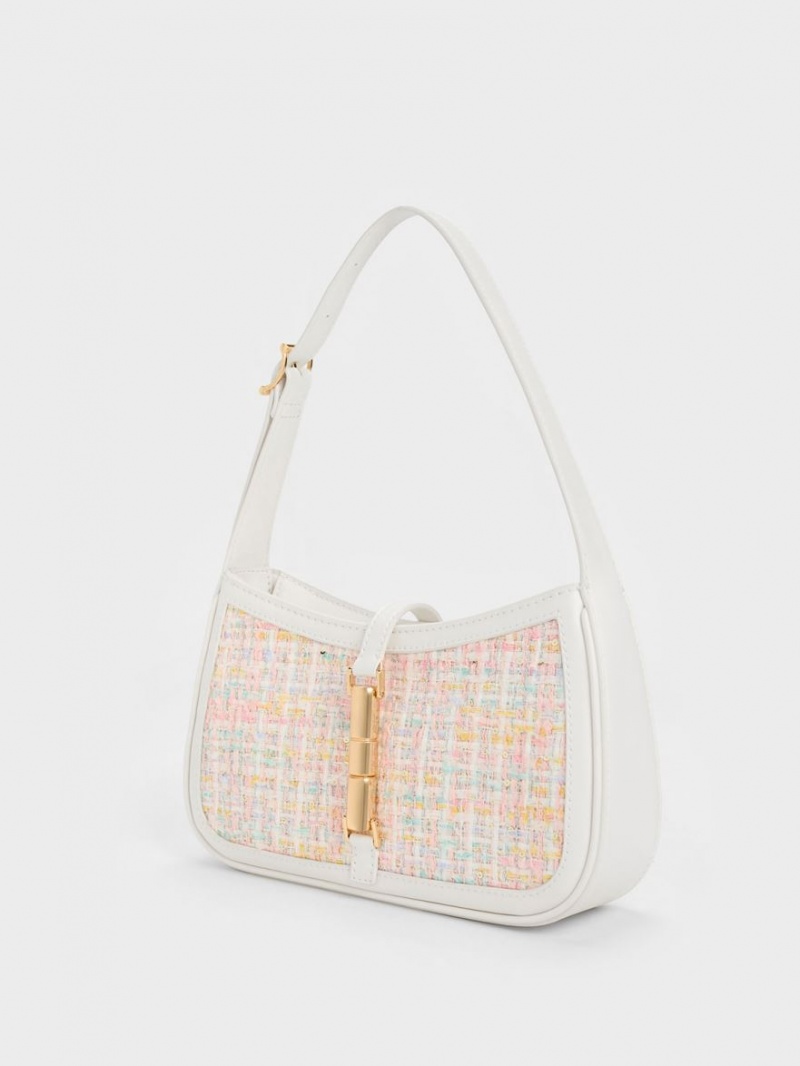 Charles And Keith Cesia Metallic Accent Tweed Shoulder Bags Pink | PHILIPPINES L758